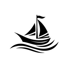 A stylized, black-and-white minimalist illustration of a sailboat navigating wavy seas with a flag atop its mast, set against a clean white background.