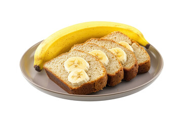 Delicious banana bread slices adorned with fresh banana on a stylish plate isolated on transparent background