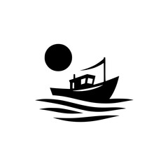 Simple Black and White Vector Graphic of a Fishing Boat Silhouetted on Rough Seas Beneath a Circular Sun, Minimalist Nautical Design.