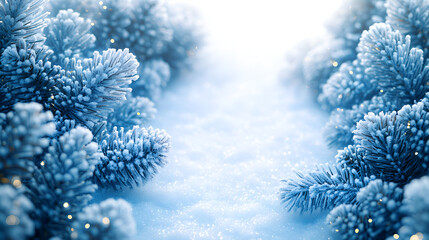 Blue sky frames snow-covered branches, showcasing the serene beauty of winter's embrace