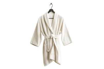 Cozy white robe hanging neatly on a hook in a serene, minimalist bathroom setting isolated on transparent background
