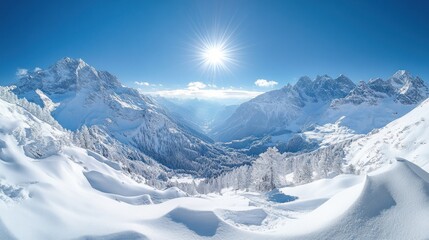 Fototapeta premium serene winter vista showcasing snow covered mountain ranges under a radiant sun casting a glow over the vast icy landscape and frosty forest
