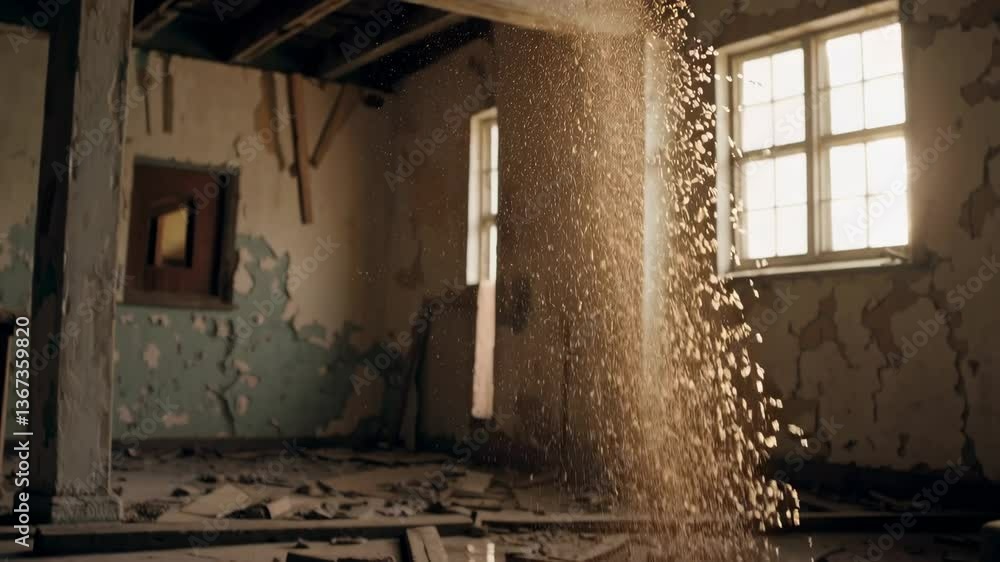 Poster Sunlight stream through abandoned building highlighting dust particles in motion