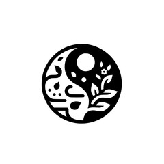Yin-Yang symbol reimagined as a minimalist floral and nature scene, illustrating balance and harmony.