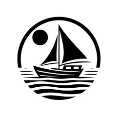 Minimalist Black and White Silhouette: Sailboat Sailing on Wavy Water with Sun Inside a Circular Frame, Evoking Tranquility and Coastal Themes.