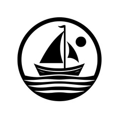 A stylized, circular black and white illustration showcasing a sailboat with a triangular sail, set against the sun and ocean waves, within a circular frame.