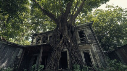 Nature's reclamation: A colossal tree engulfs a decaying abandoned house