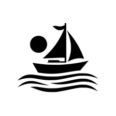 A minimalist black and white illustration of a sailboat with a sun and ocean waves, evoking a sense of tranquility and nautical adventure.