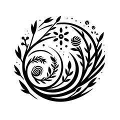 Fototapeta premium Artistic Black and White Floral Composition of Spiraling Vines and Symbolic Elements in a Circular Formation.