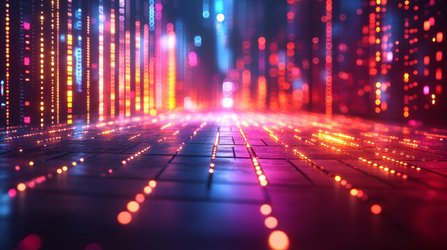 Dynamic abstract digital landscape featuring glowing neon light trails and data streams illuminating a futuristic pathway. - Powered by Adobe
