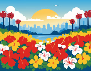 Art & Illustration landscape of tropical garden with city background.