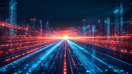 Futuristic city scene with glowing lines depicting data flow and digital infrastructure.