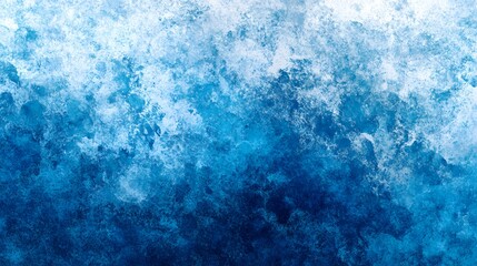 A vibrant flowing abstract painting featuring a dynamic gradient of deep blue and ethereal white brushstrokes and splatters creating a moody atmospheric composition