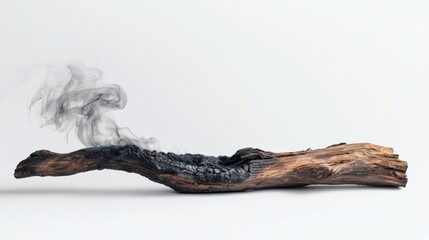 Charred wood log releasing smoke on a neutral background showcasing fire’s impact on natural elements