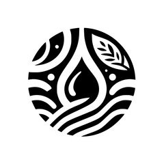Abstract Black and White Circular Emblem Featuring a Water Droplet, Leaf, and Stylized Waves & Curves Depicting Nature's Harmony
