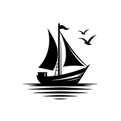 Black and White Nautical Illustration of a Sailboat on Calm Water with Flying Seagulls, Exuding Serenity.