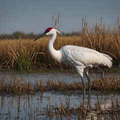 Whooping Crane Standing in Wetland