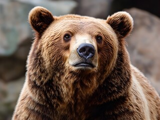 A majestic brown bear stares intently at the viewer with a calm and powerful expression in a detailed close-up portrait.