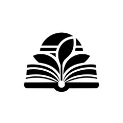 A stylized black and white logo featuring an open book blossoming into a sunrise-like design with leafy elements, symbolizing knowledge and growth.