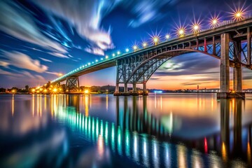 Fototapeta premium Baltimore Francis Scott Key Bridge Night Long Exposure, Cityscape Panorama from Fort McHenry