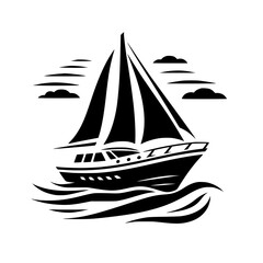 Fototapeta premium Elegant monochrome illustration of a sailboat gliding across stylized waves beneath simplified clouds and sun rays.