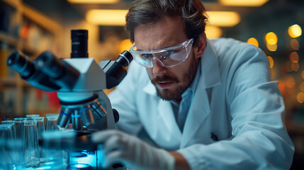 Focused male scientist examining samples under a microscope in a modern laboratory environment.