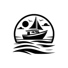 Silhouette of a Sailboat Navigating Calm Seas Under a Round Frame Featuring Sun, Clouds, and Flying Birds, A Nautical Emblem.