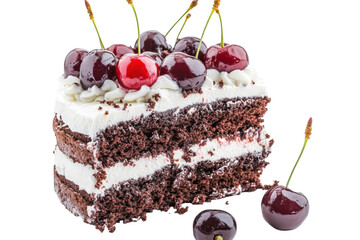 Indulgent chocolate cake layered with rich cream and topped with vibrant cherries for dessert lovers isolated on transparent background