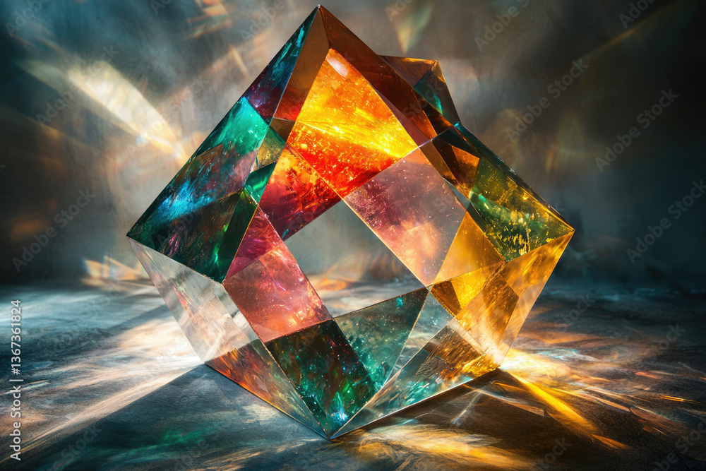 Poster A multifaceted, colorful glass cube refracts light, creating a mesmerizing display of vibrant colors and shadows.