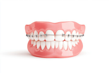 Obraz premium detailed model of teeth with orthodontic braces showcases realistic representation of dental alignment. braces are metallic and attached to set of white teeth, emphasizing dental care