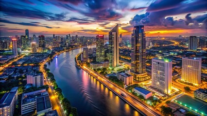 Fototapeta premium Bangkok Nightlife Timelapse: Hyperlapse Aerial View of City Lights and River