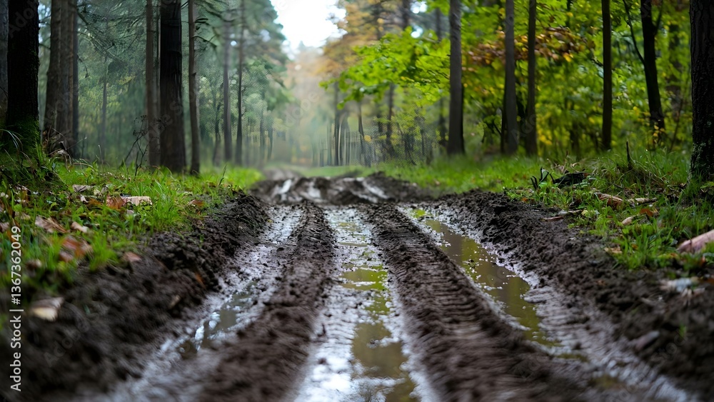 Poster a muddy path with tire tracks running through a forest, surrounded by trees and greenery. concept mu