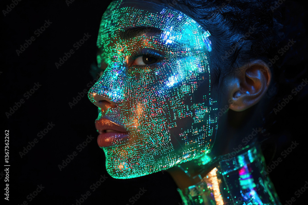 Poster a woman's face is illuminated with a vibrant, circuit-like pattern, symbolizing technology's integra