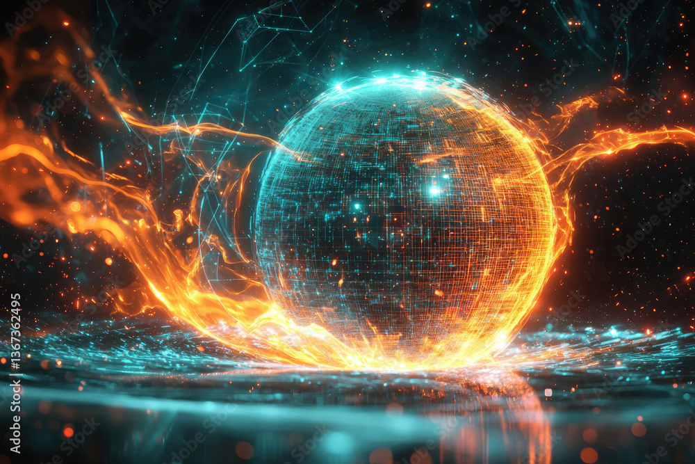 Poster a glowing digital sphere enveloped in fiery, teal energy streams, representing digital transformatio