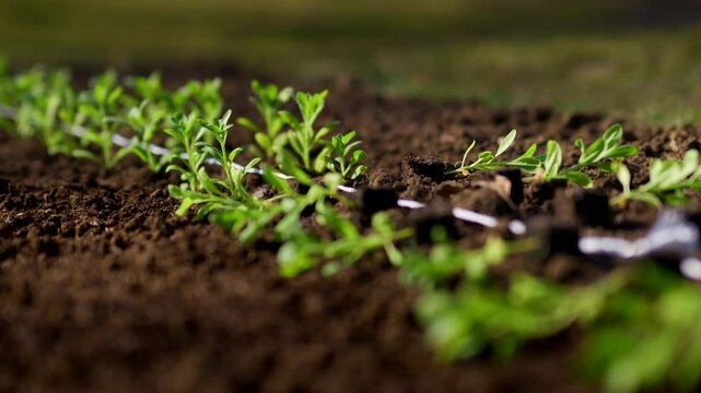 Young matthiola flower seedlings in soil blocks laid out on a flower bed ready for spring planting.
