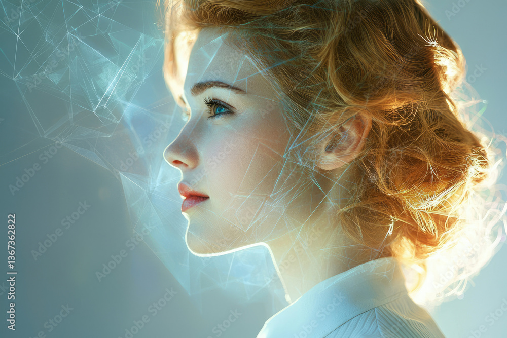 Poster a woman's profile, illuminated by ethereal light and intricate network patterns.