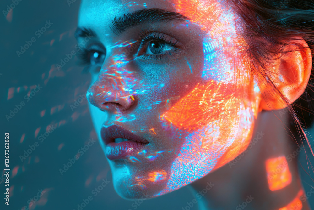 Aufkleber a woman's face is illuminated with vibrant, multicolored light projections, creating a futuristic, e