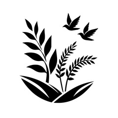Black and white minimalist illustration featuring lush plant silhouettes and soaring birds on a clean, square background, symbolizing nature's tranquility.