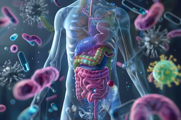 Human digestive system and microbes illustration