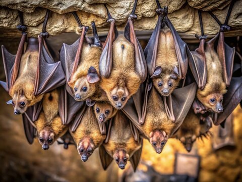 Bats Hanging Upside Down, Dark Cave Ceiling, Night Wildlife, Candid Photography