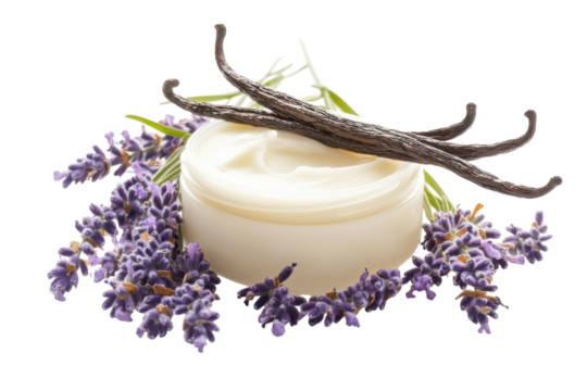 Lavender and vanilla cream adorned with flowers and pods on a vibrant backdrop isolated on transparent background