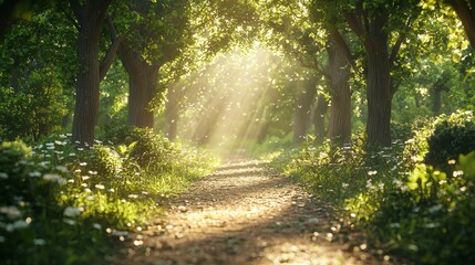 Fototapeta premium Sunlight Filters Through Leaves in Lush Green Forest Pathway