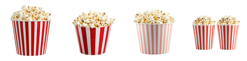 Variety of red and white striped popcorn containers showcasing the classic movie theater snack in different serving sizes perfect for home viewing or cinema concession stands