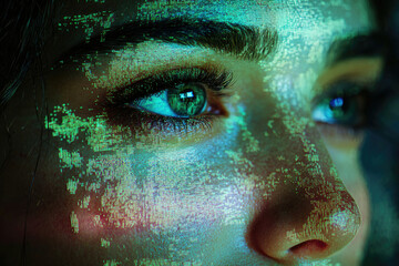 Close-up of a woman's face overlaid with green digital code, symbolizing technology's integration with humanity.