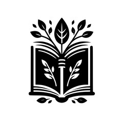Black and white illustration of an open book, stylized with a central, leafy tree emerging from its spine, symbolizing growth and knowledge.