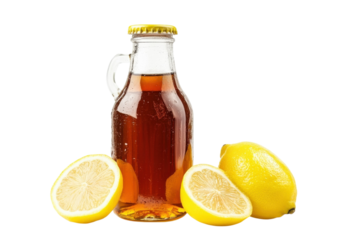 Refreshing lemon drink in a vintage glass bottle with fresh lemons on a bright background isolated on transparent background