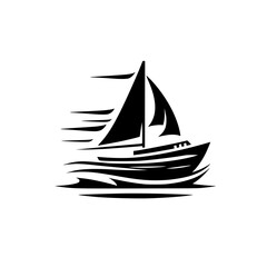 A sleek, minimalist black and white vector graphic of a sailing boat, with dynamic lines suggesting speed and motion across the water.