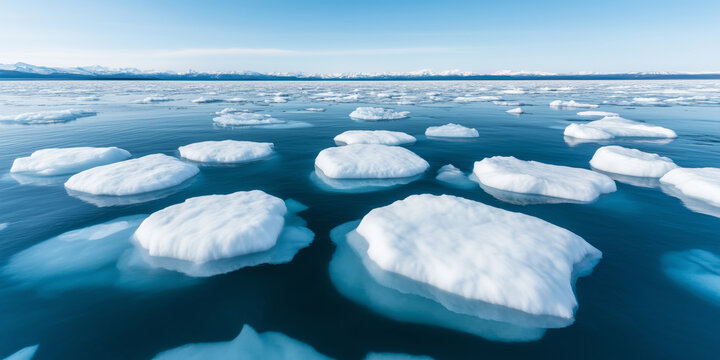 Floating sea ice in arctic ocean with snowy mountain range in background, frozen landscape showing climate change and melting glaciers