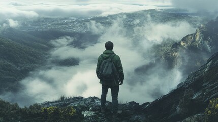 A solitary hiker gazing across cloud-covered mountain peaks, a serene vista