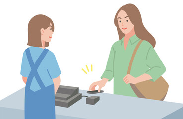 レジでキャッシュレス決済をする女性